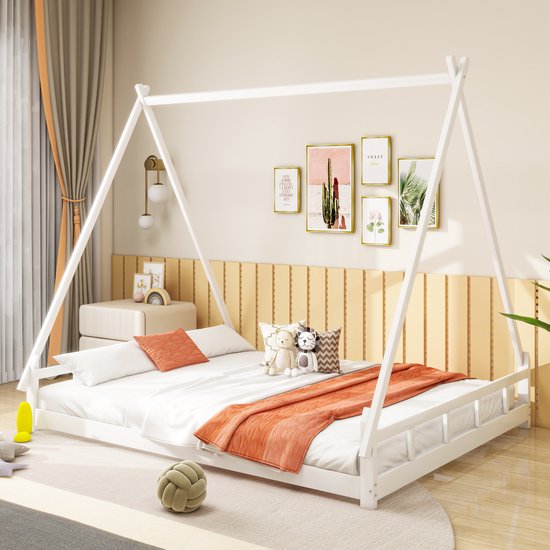 Lit enfant en bois Massief , Wit (sans matelas) 140x200 cm, identité d'entreprise, lit tente, lit mezzanine, lit adolescent, lit parent-enfant, cadre de lit en bois massif