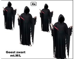 4x Gewaad geest met capuchon zwart mt.M/L - Groepsdeal - Horror halloween griezel creepy scary scream