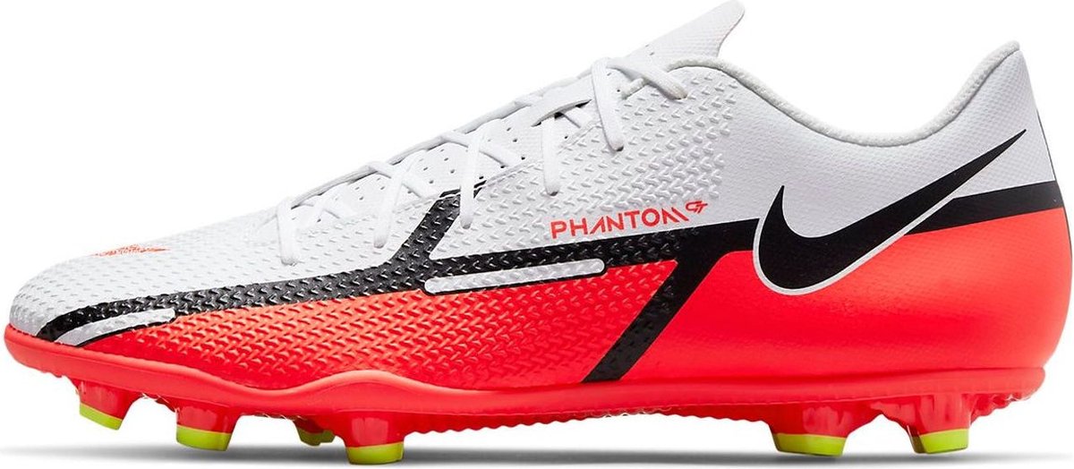 Nike Phantom GT2 Club FG/MG voetbalschoenen in wit, rood en zwart, maat 9, met grip en ademend materiaal.