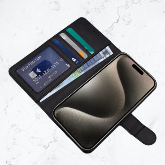Étui portefeuille en cuir de Protection iPhone 16 Plus / Housse en Cuir / Housse pliante Zwart