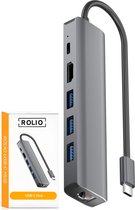 Rolio USB C Hub - 1x HDMI 4K - 1x Ethernet 1Gbps - 1x USB-C - 3x USB-A - USB Splitter - Geschikt voor Macbook Pro / Air / Windows / Universeel