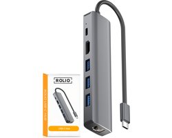 foto van Rolio USB C Hub - 1x HDMI 4K - 1x Ethernet 1Gbps - 1x USB-C - 3x USB-A - USB Splitter - Geschikt voor Macbook Pro / Air / Windows / Universeel