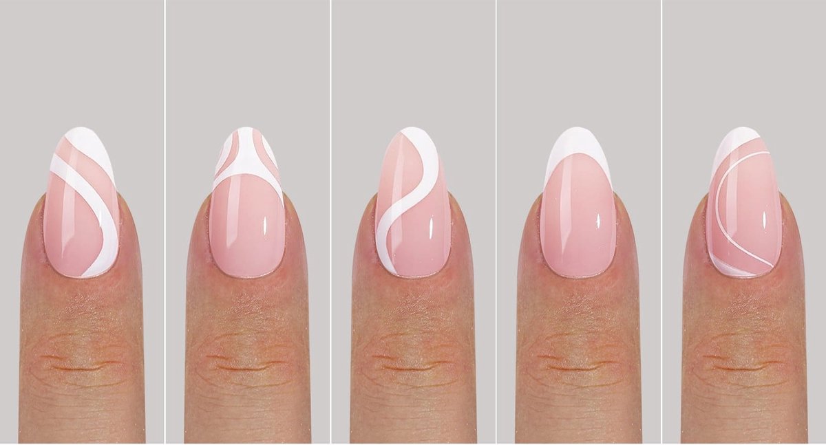 Goedkoopste Soft Gel tips Peach Medium Almond in 5 milky white designs - French Manicure - French Nails- Press ons HighShine- Plaknagels met Lijm - Nepnagels met Lijm - Nageltips met Lijm - full cover- Gelnagels Frosted - 150 stuks in Doos - Almond nail tips