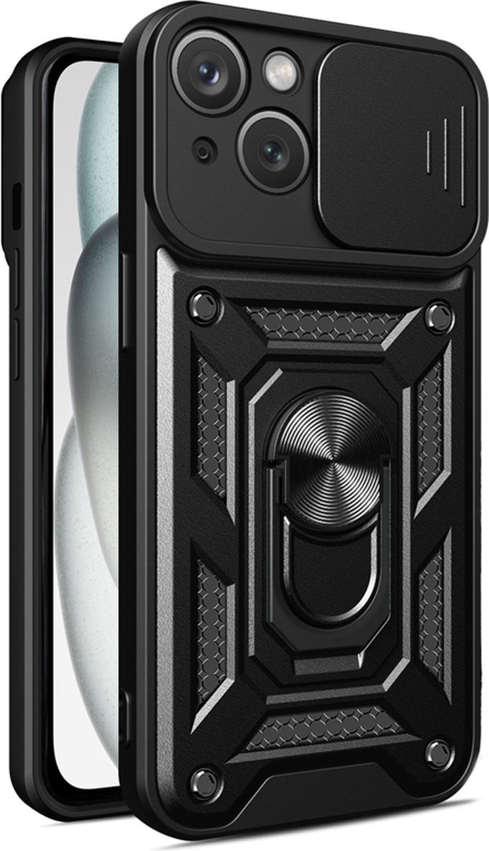 BixB hoesje geschikt voor iPhone 15 met Ringhouder en Camera schuifje backcover - Zwart