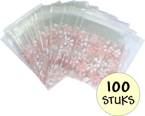Fako Bijoux® - 100x Uitdeelzakjes - Cellofaan Plastic Traktatie Kado Zakjes - Snoepzakjes - Bloemetjes Wit/Roze - 10x10cm