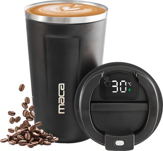 Maca Thermosbeker - Koffiebeker To Go - Met temperatuurmeter - 380 ML - Zwart - Koffie en Thee - Travel Mug - RVS