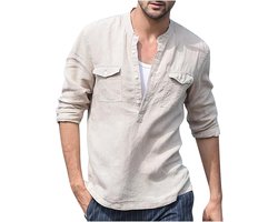 LVCBL Heren Katoen Linnen Shirt Herfst Winter Heren Overhemd Lange Mouwen Regular Fit Casual Shirt Biege xl