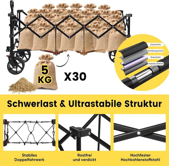 Opvouwbare Bolderwagen 300L 150KG Draagvermogen - 17x10 cm - Extra Brede Banden - Alle Terreinen - Gepatenteerd Uit VIER Richtingen - XXXL-Super 4013 Zwart Bolderkar — afbeelding 5
