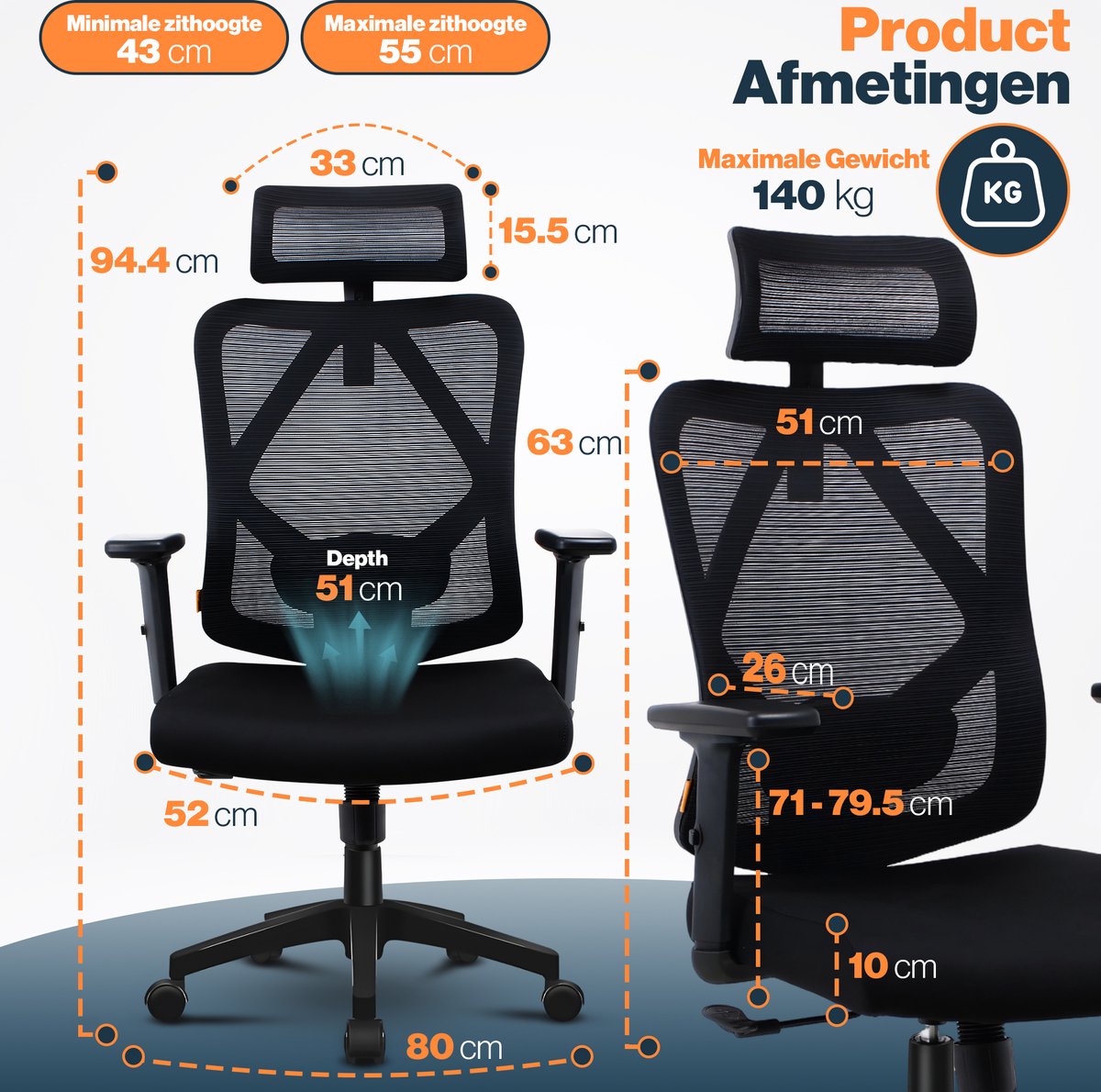 VD Goods Ergonomische Bureaustoel met Hoofdsteun en Armleuningen - afbeelding 3