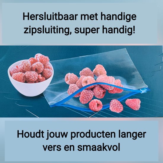 Diepvrieszakje met blauwe ritssluiting, gevuld met frambozen en schijfjes citroen.