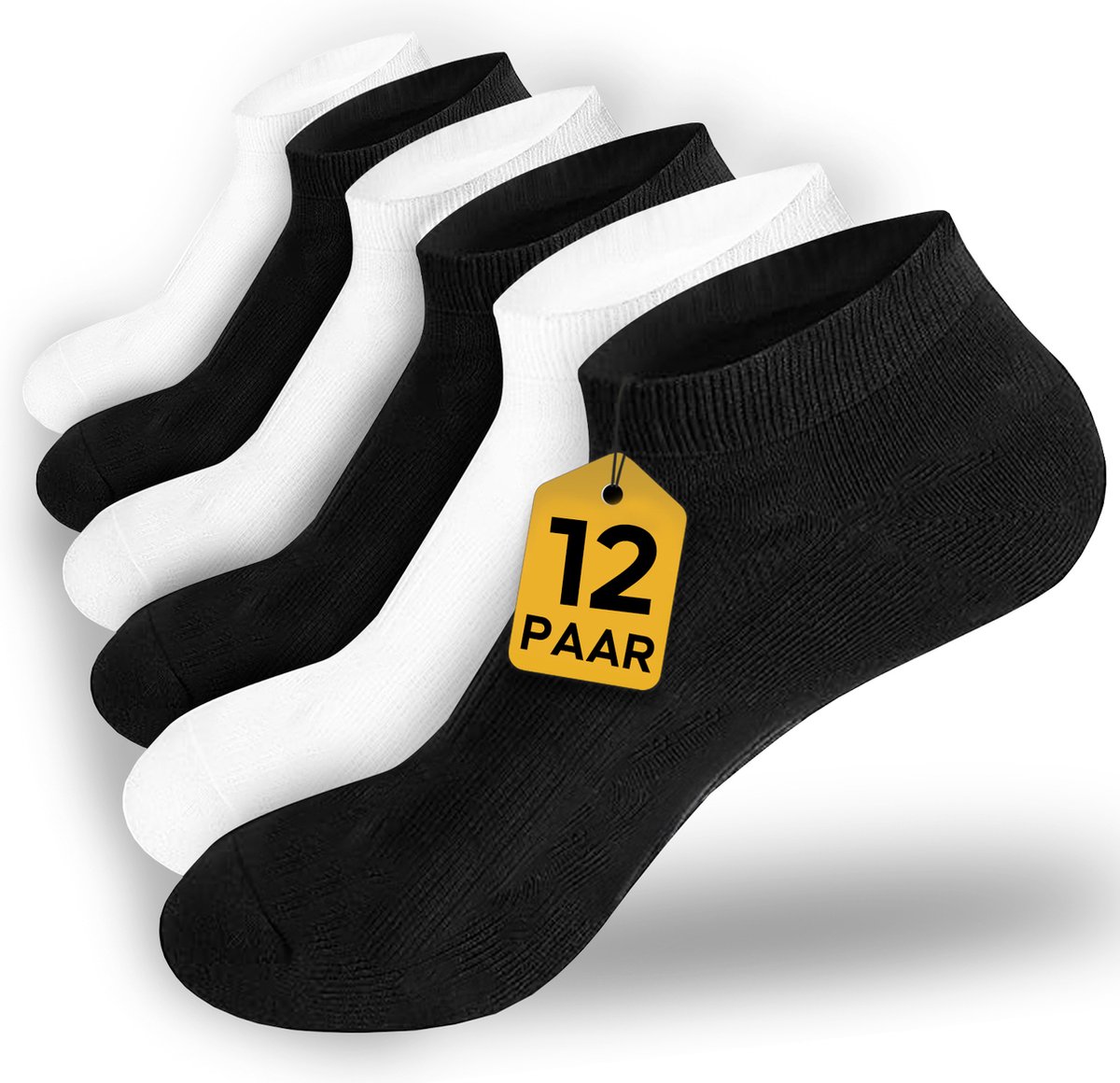 VOLQU® Sneakersokken - SEN Series - 12 Paar - Maat 43 46 - Premium Katoen Sneakersokken - Enkelsokken Heren - Enkelsokken Dames - Sportsokken Heren - Sportsokken Dames - Zwart / Wit