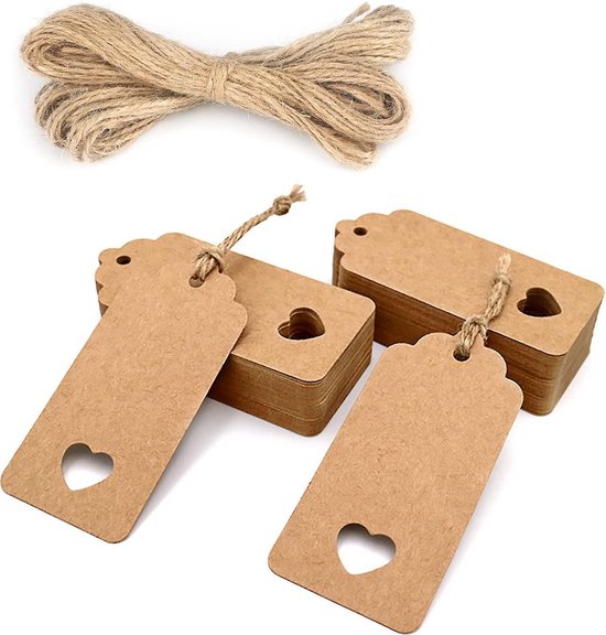 Foto: 100x kraft karton labels met 100 jute touw cadeaulabels 9 5 x 4 5 cm hart beschrijfbaar kartonnen cadeaulabels kraftpapier naamkaartjes blanco prijskaartjes gift tags multifunctioneel label houten cadeaulabels dik stevig