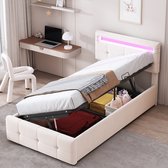 Lit coffre rembourré 140x200 cm - avec port USB Type-C - avec éclairage LED - avec compartiment de rangement - gris (matelas non inclus) | Leroy Merlin