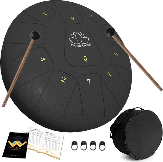 Foto: World living handpan 25 cm steel tongue drum hand klankschaal incl lesboek beschermtas hangdrum