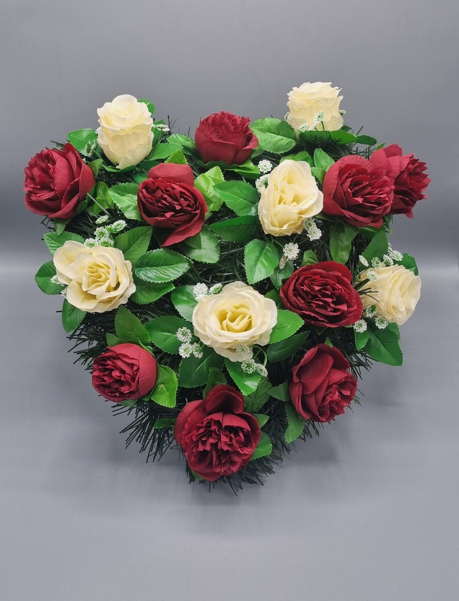 Bloemstuk - W114/10 - Pioen - Donkerrood - W113/01 - Roos - Off White - 40cm - Verzwaard - Buigzaam - Grafdecoratie