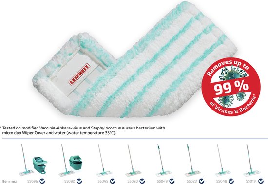 Leifheit Profi XL Micro Duo mopdoek met turquoise strepen, verwijdert tot 99% van virussen en bacteriën.