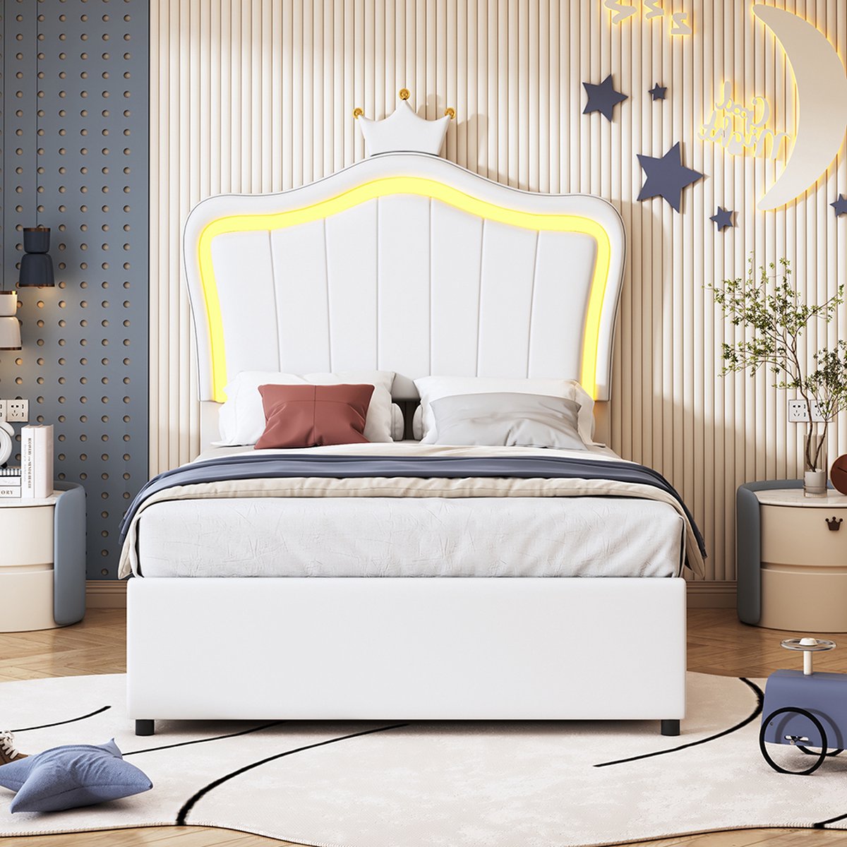 KOMHTOM Kinderbed 90x200 cm met Kroon LED-verlichting In hoogte verstelbaar hoofdeinde Eenpersoonsstapelbed Kunstleer Wit