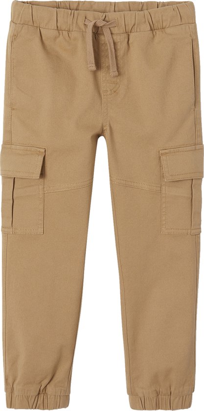 Beige cargo broek met trekkoord, zakken en elastische boorden.