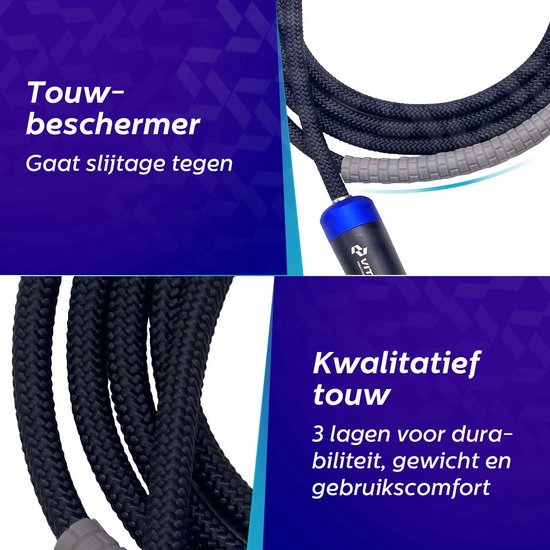 Zwart springtouw met grijze touwbeschermer, 3 lagen voor duurzaamheid.