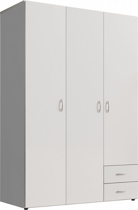 Kledingkast Baarlo - 120x176x52 cm (BxHxD) - Wit - Draaideurkast - 3 legplanken, 1 roede & 2 lades - Garderobekast - Opbergkast