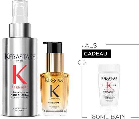 Sérum Filler Fondamental Kérastase et Huile Cheveux Elixir Ultime avec un petit flacon de shampooing en cadeau.