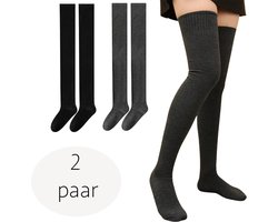 Overknee kousen dames - set van 2 paar - maat M/L - 100% elastisch katoen - zwart - antraciet - wintersokken - schoenmaat 36/39 - lange sokken - over de knie
