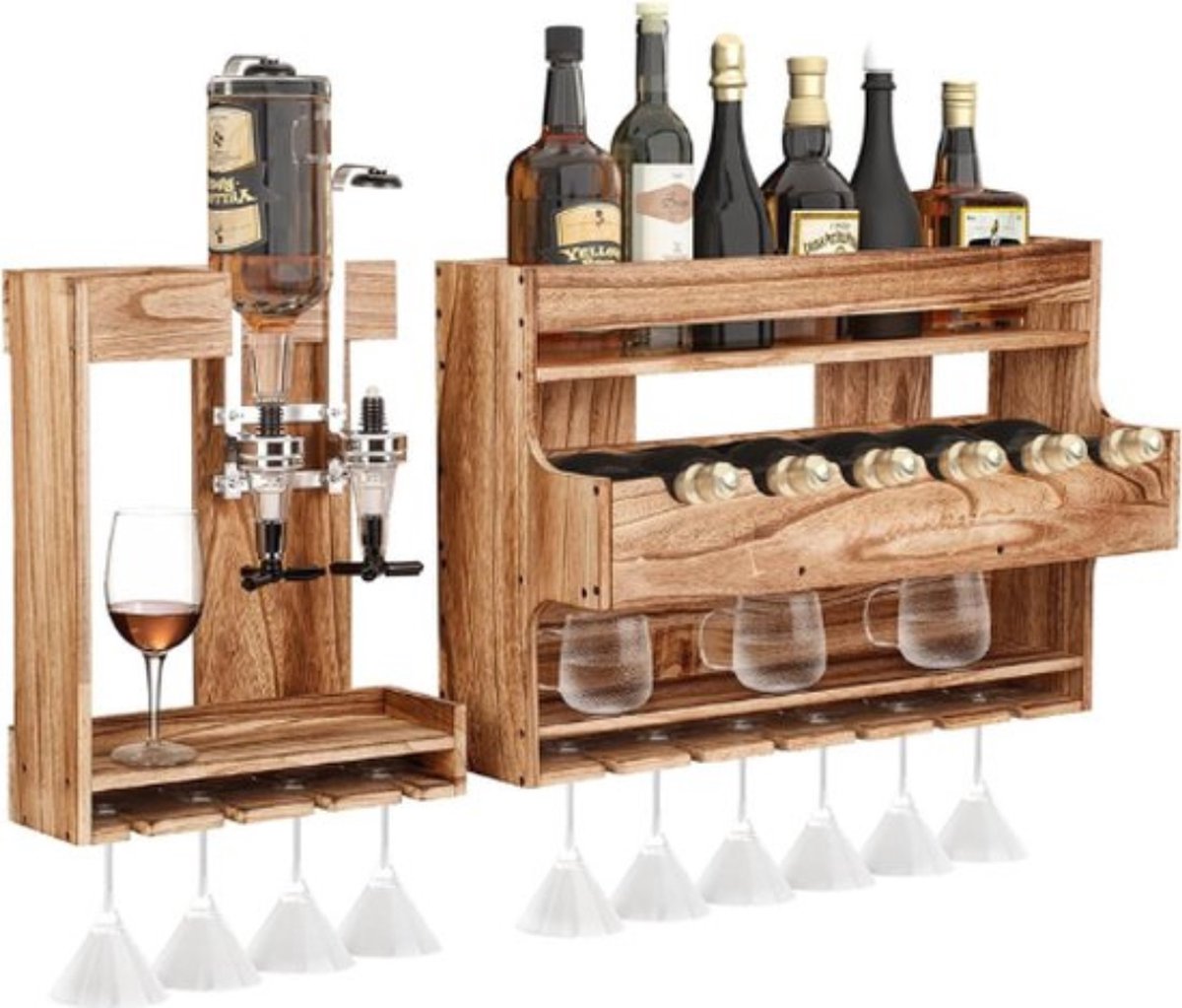 Thuys – Wijnrek – Muur – Gemakkelijk te Monteren – Hangend – 2 Verdiepingen – Opslag voor Wijnglazen – Met Drankdispenser – Stijlvol Design – Hout