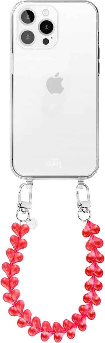 xoxo Wildhearts siliconen hoesje - Geschikt voor iPhone 14 Pro hoesje - Funky Hearts - Telefoonhoesje - Hoesje met koord - Transparant rood koord - kort telefoonkoord - Hartjes ketting - Transparant hoesje