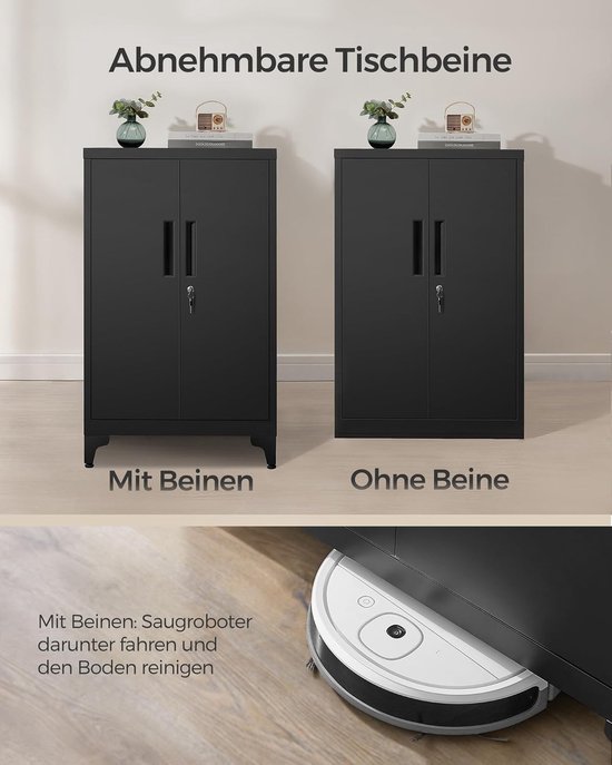 Twee identieke zwarte archiefkasten. Één met poten, één zonder. Robotstofzuiger onder kast.