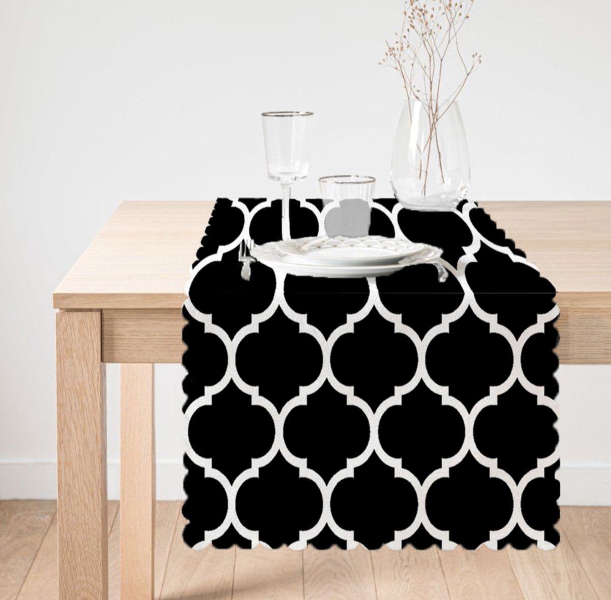 Bedrukt Velvet textiel Tafelloper - 45x260 cm - Wit & Zwart ogea - Tafelkleed - Tafellaken