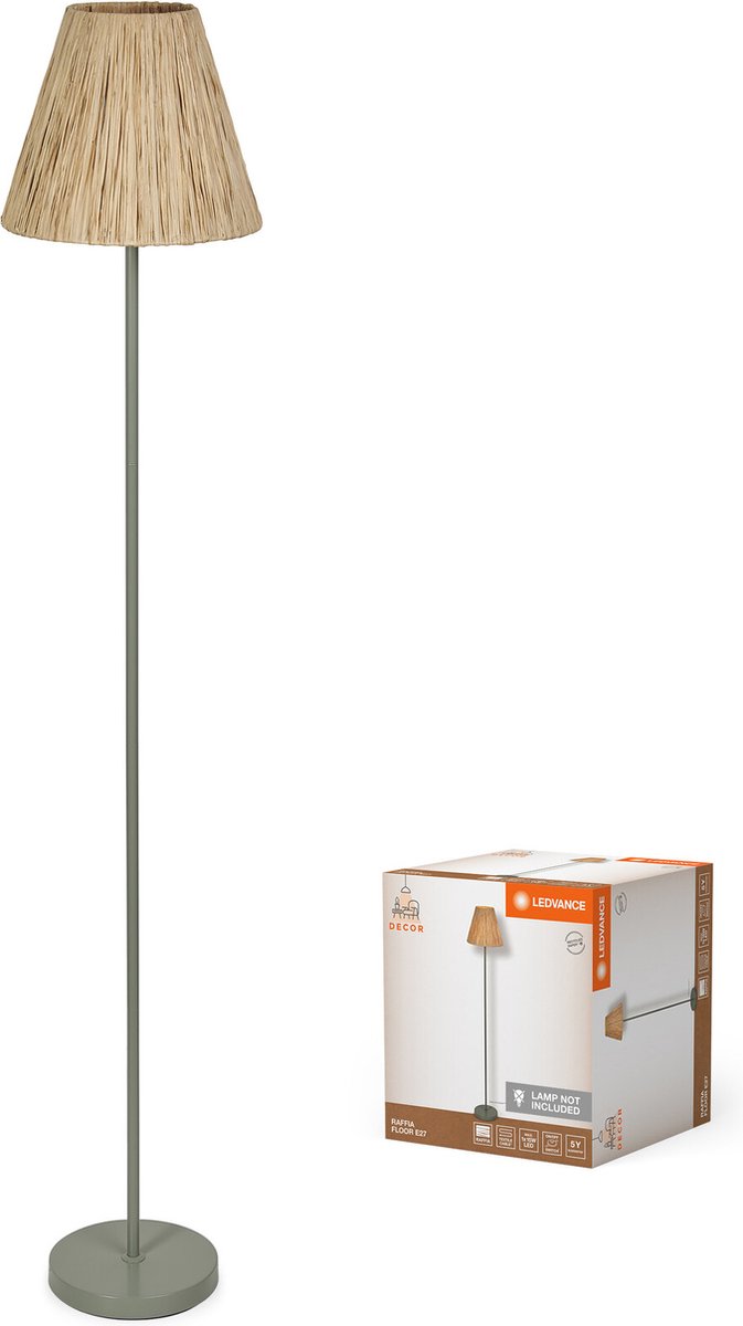 LEDVANCE vloerlamp Decor Raffia groenbruin van raffia en metaal, E27, 1600 mm hoogte , lampenkap van gerecycled materiaal, duurzaam dankzij vervangbare lichtbron, eenvoudig te installeren