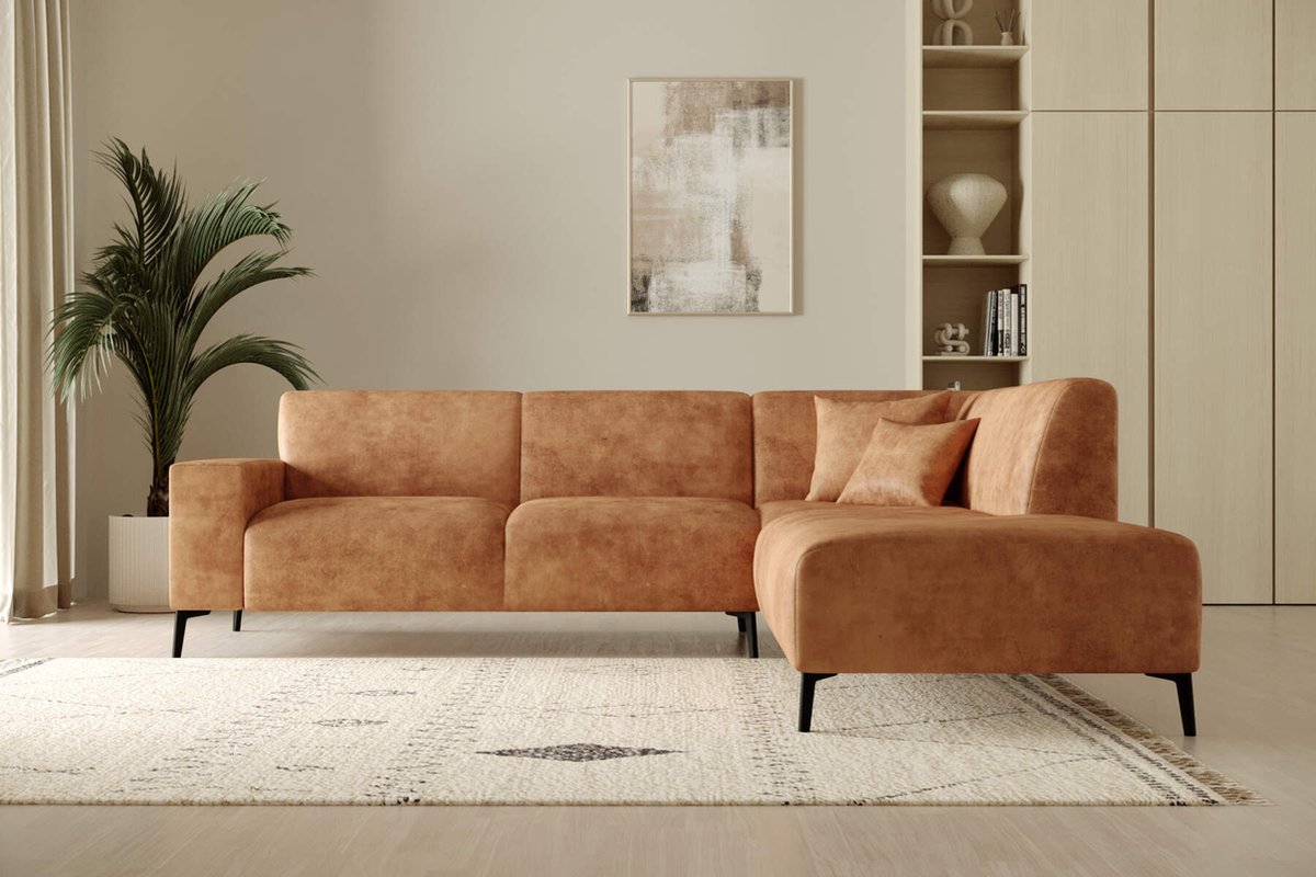hoekbank eddy- lounge rechts- cognac microvezelstof- hoeksalon right- zetelsenbedden
