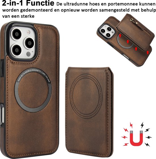 FFO2World MagSafe Étui portefeuille iPhone 16 Pro avec porte-cartes – Étui à rabat 2 en 1 amovible en cuir PU avec Protection RFID et béquille, compatible avec MagSafe – Marron