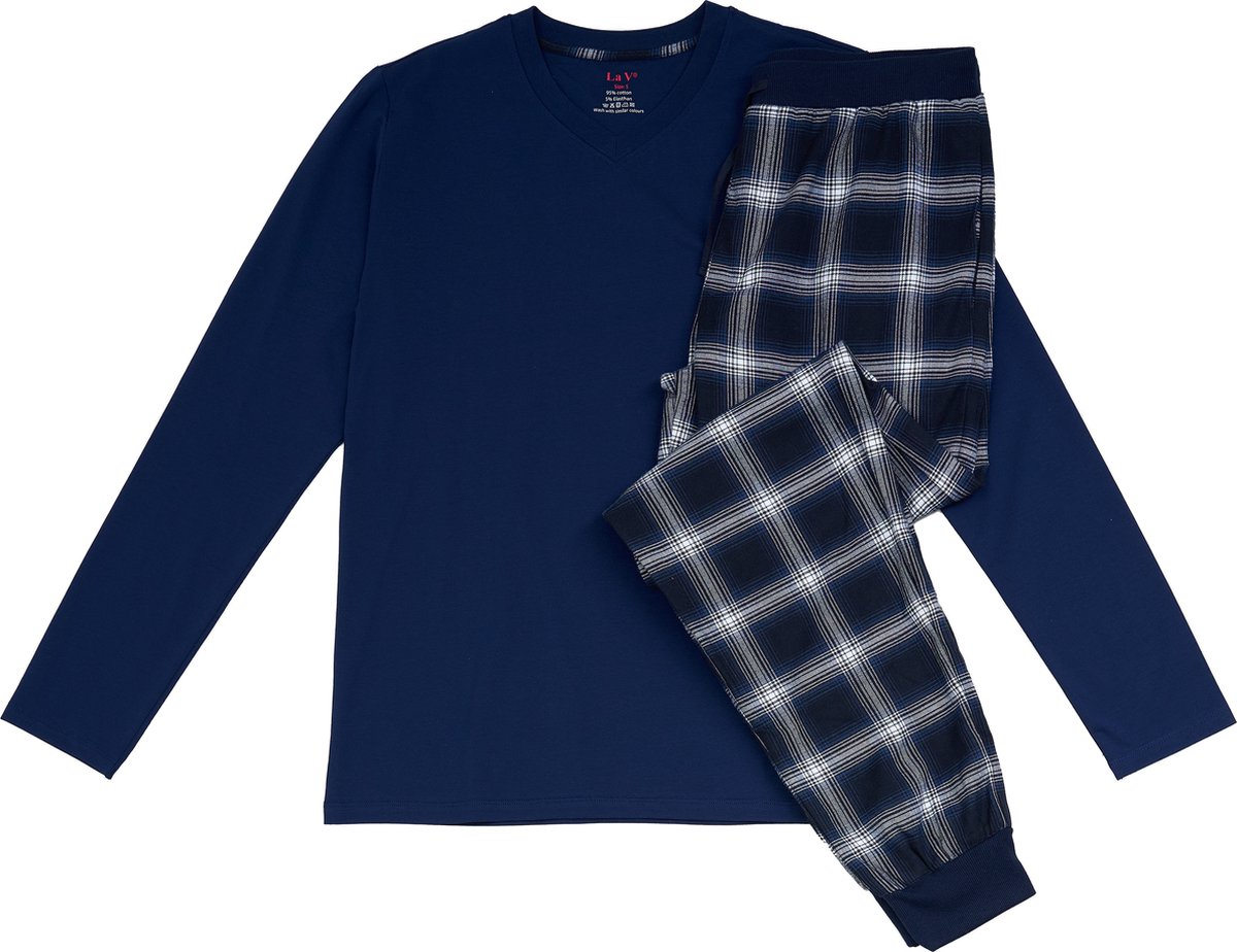 La V pyjamaset voor heren met flanel joggingbroek Donkerblauw L