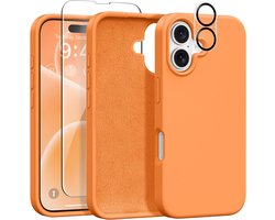 Stravo Siliconen Hoesje geschikt voor iPhone 16 Plus , Oranje, Met 1X Screenprotector + 1X Cameralensbeschermer, (Zachte Krasbestendige Microvezelvoering), Vloeibare Siliconen Schokbestendige Beschermende Telefoonhoes 6.7"