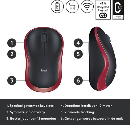 Logitech M185 - Draadloze Muis - Rood