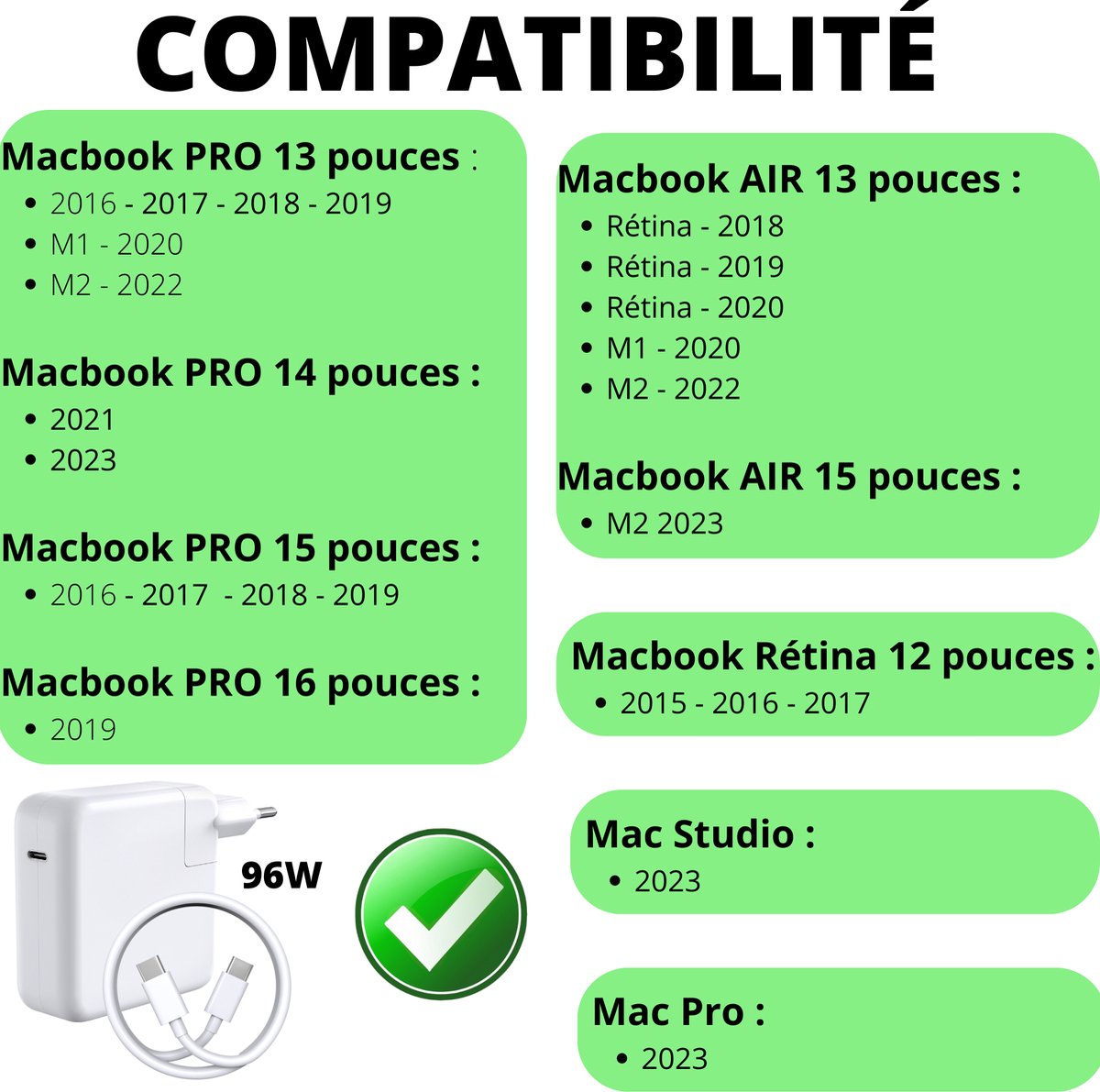 96W Snellader Kabel voor MacBook Pro 16/15/14/13, MacBook Air 13/15, Retina 12, Mac Studio, Mac Pro - Afbeelding 3