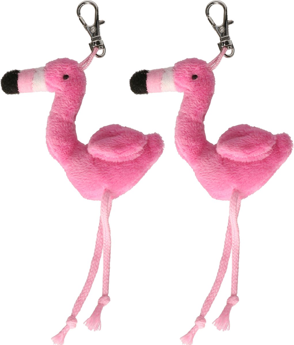Nature Planet Flamingo vogel sleutelhanger - 2x - pluche knuffeltjes - roze - 6 cm