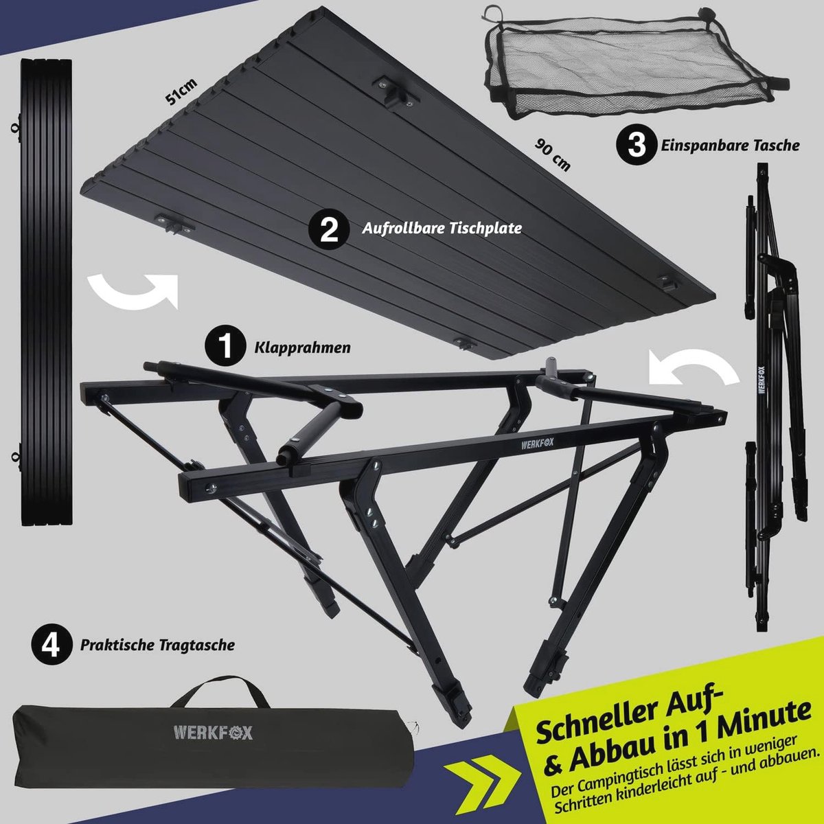 Werkfox Campingtafel Vouwtafel Multifunctionele Tafel; In Hoogte Verstelbare Met Oprolbaar Tafelblad 90x51cm Draagtas Belastbaar Tot 30kg 656519136