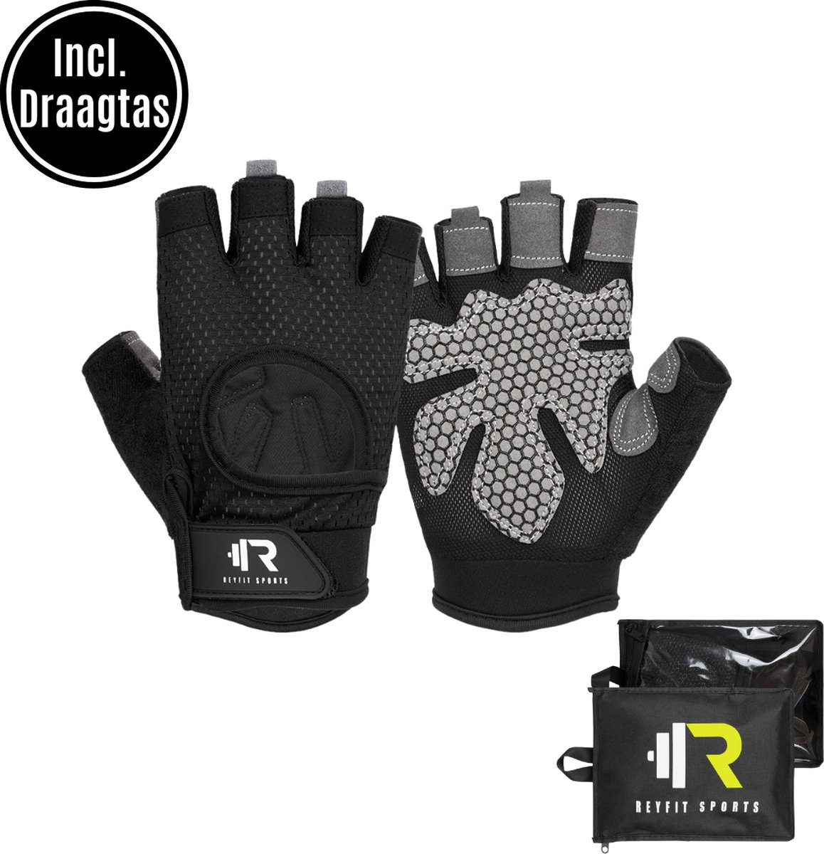 ReyFit Sports Fitness Handschoenen - Fitness Gloves - CrossFit & Powerlifting - Fitness Accessoires - Krachttraining Artikelen - Inclusief Draagtas - Grijs - S