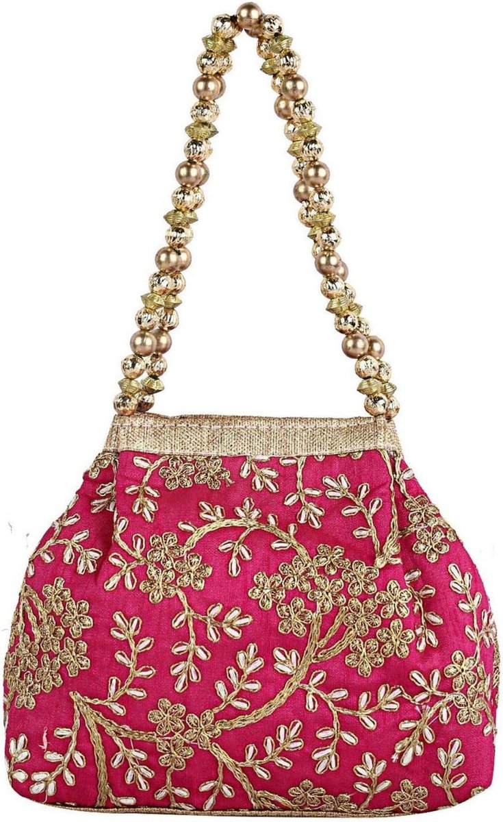 Dames Handtas- 21 x 8 x 18 cm - Vedantan -Katoensilk - Kleurrijk borduurwerk - Partij, Prom, Banket, Bruiloft - Feesten - Festival - Schattige - Avondtasje - PartyBag - Roze, gouden
