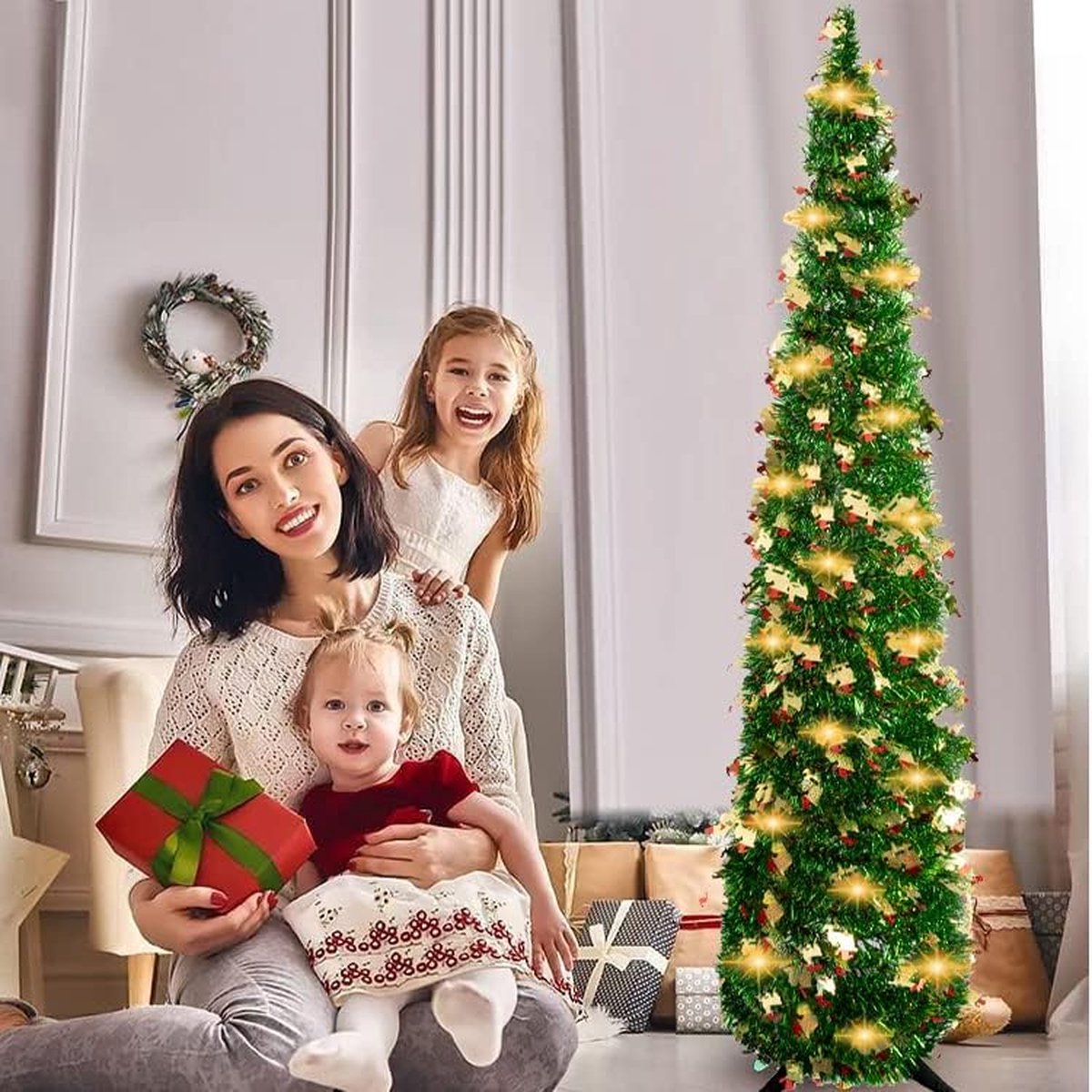 Kunstkerstboom, 150 cm, opvouwbare pop-up lametta kerstboom, voorverlichte kerstdecoratie voor binnen, woondecoratie, donkergroen – foto 4