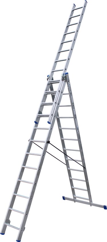 Gevouwen aluminium reformladder in A-vorm, met blauwe voeten en zwarte banden.