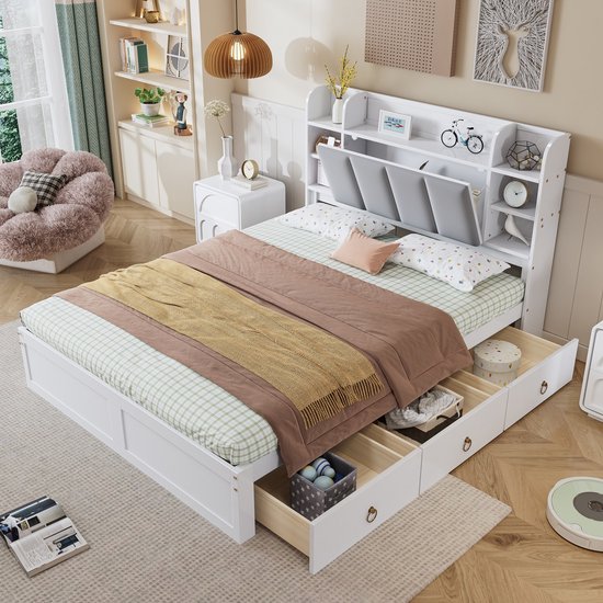 Sweiko Tweepersoonsbed, Open schap, Drie laden met wieltjes, Metalen handgrepen, Opbergvak met neerklapbare deur, Frame van grenen, Adolescent en volwassene, Grenen+MDF, Wit+Grijs, 140x200cm