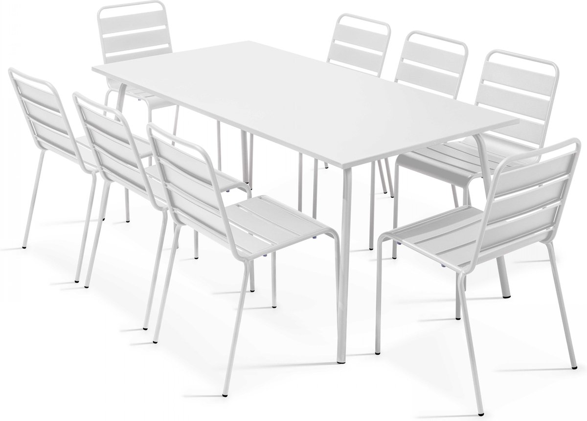 Moderne tuinset met tafel en 8 witte stoelen van Oviala - Palavas.