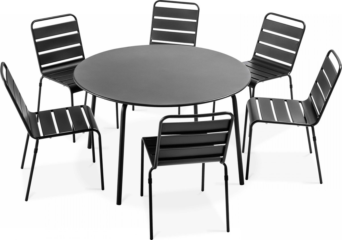 Oviala - Set van een ronde tuin tafel en 6 stoelen in antraciet metaal - Palavas