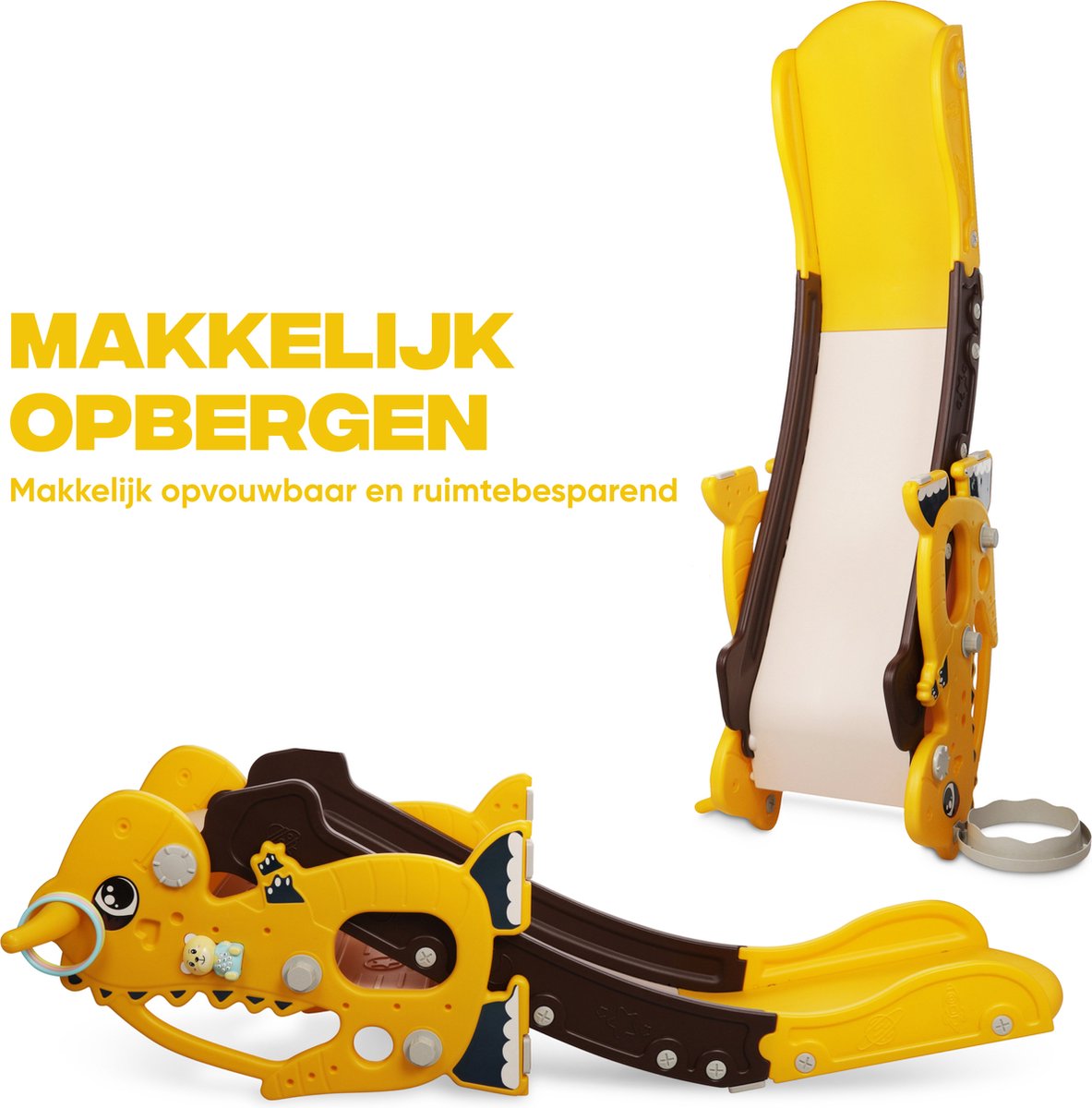 Rockerz Premium Glijbaan - Voor binnen en buiten - Speelplezier gegarandeerd - Opvouwbaar - Veilige dichte trap - Ringen spel - Basketbal ring (inclusief bal) - Muziek beertje - Kleur: Geel — afbeelding 8