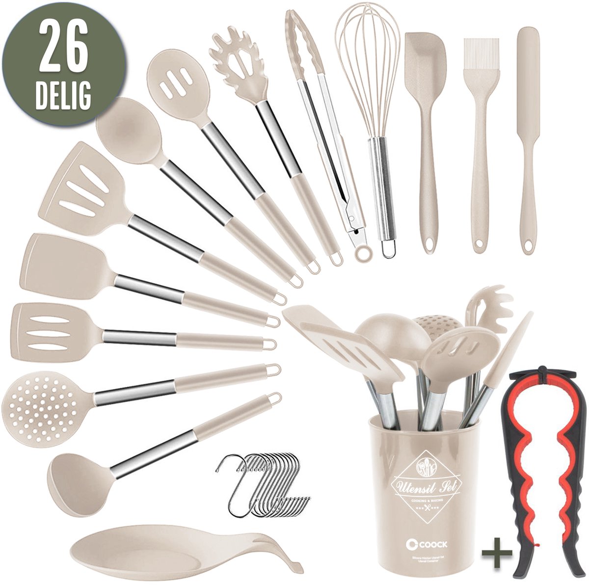 COOCK Siliconen Keukengerei Set met Houder XL - Kookgerei Set 27 delig - BPA-Vrij & Plastic Vrij - Ophangbaar - Incl. Opener - Beige