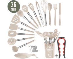 COOCK Siliconen Keukengerei Set met Houder XL - Kookgerei Set 26 delig - BPA-Vrij & Plastic Vrij - Ophangbaar - Incl. Opener - Beige COOCK Siliconen Keukengerei Set met Houder XL - Kookgerei Set 26 delig - BPA-Vrij & Plastic Vrij - Ophangbaar - Incl. Opener - Beige