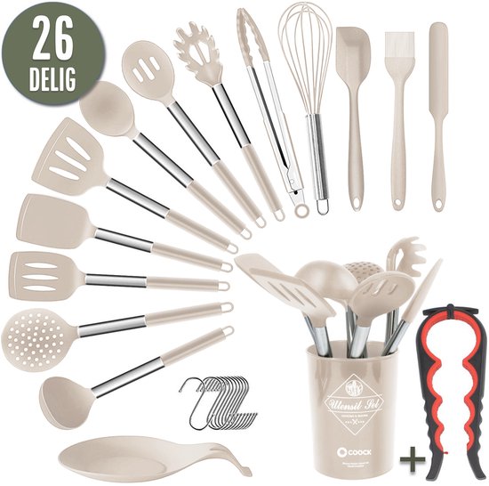 COOCK Siliconen Keukengerei Set met Houder XL - Kookgerei Set 26 delig - BPA-Vrij & Plastic Vrij - Ophangbaar - Incl. Opener - Beige